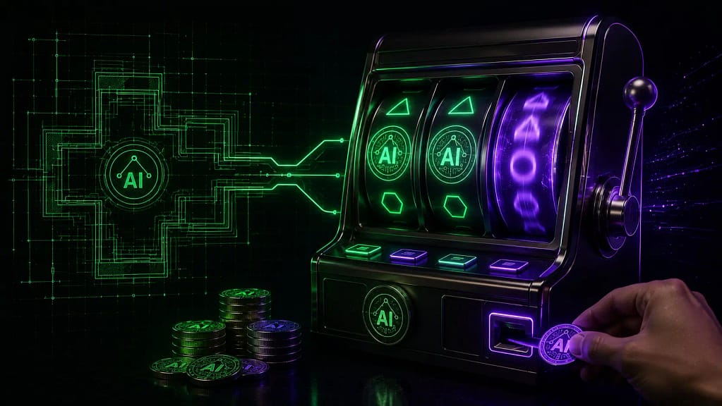 Code Is the End: Vision-First Development with AI Agents A glowing green blueprint schematic wired into a dark slot machine with geometric symbols on its reels, a hand inserting an AI token coin