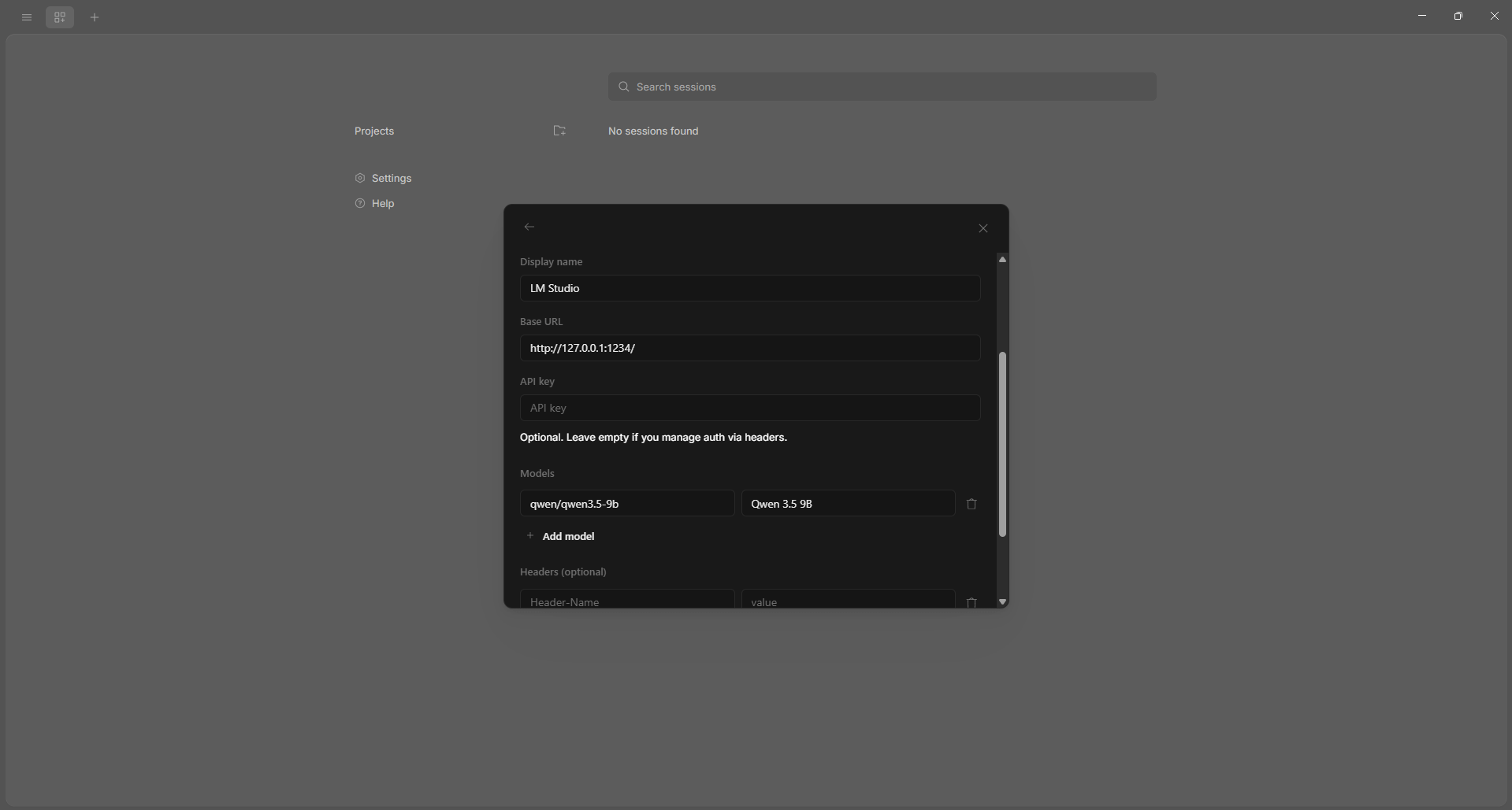 Self-Hosted AI: A Local Coding Agent on a GTX 1080 Ti Connecting opencode desktop to LM Studio — provider dialog with Base URL http://127.0.0.1:1234 and the qwen/qwen3.5-9b model