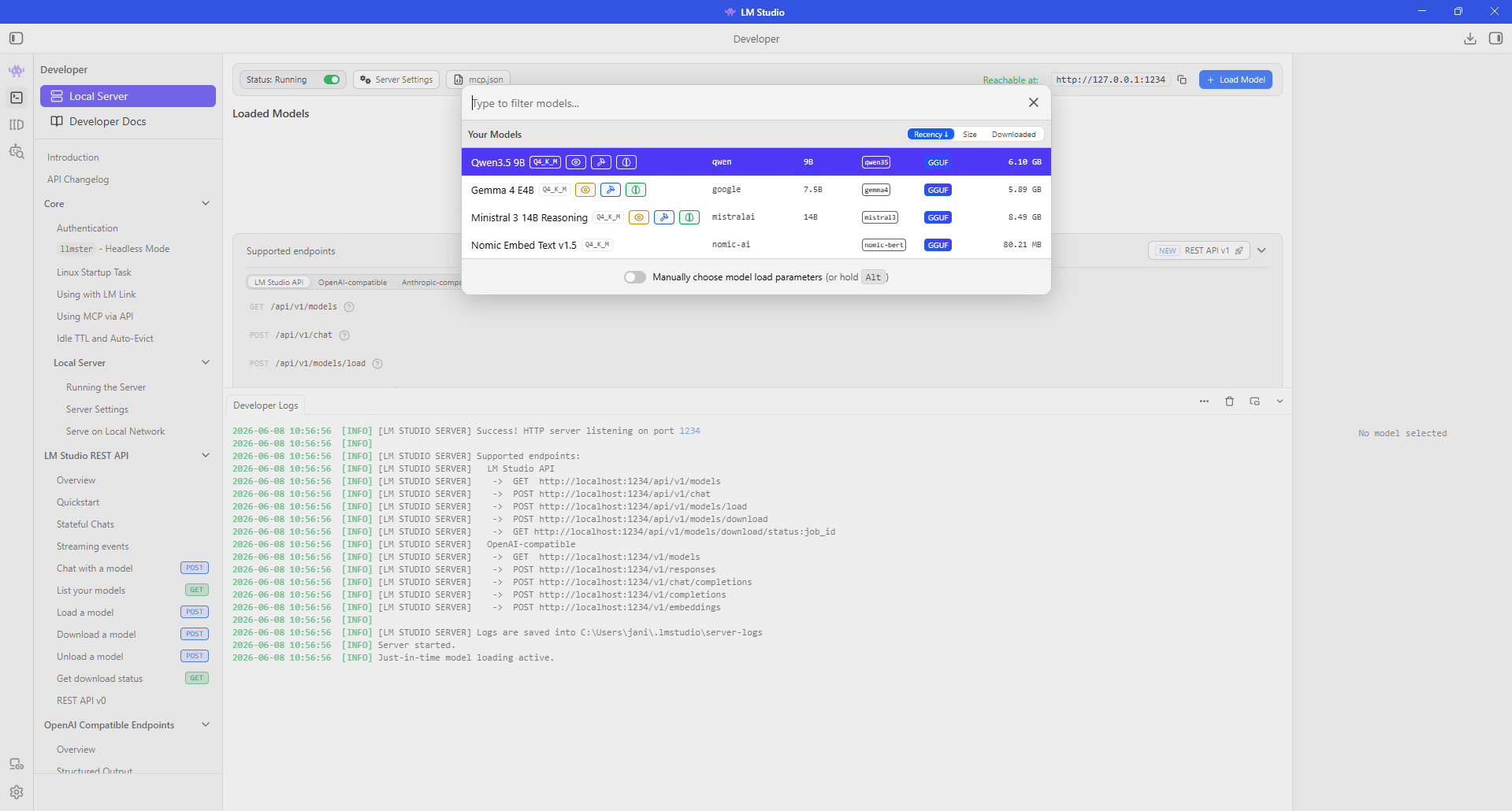 Self-Hosted AI: A Local Coding Agent on a GTX 1080 Ti LM Studio screenshot with models