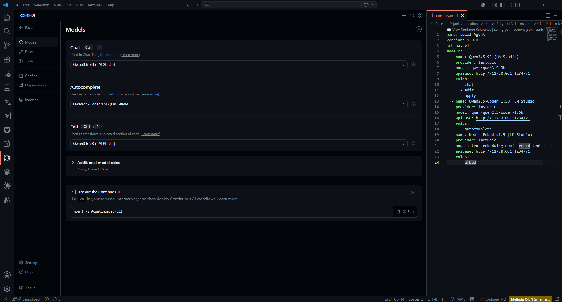 Self-Hosted AI: A Local Coding Agent on a GTX 1080 Ti Continue.dev Models panel in VSCode — Chat, Autocomplete and Edit set to local LM Studio models, with the config.yaml open alongside