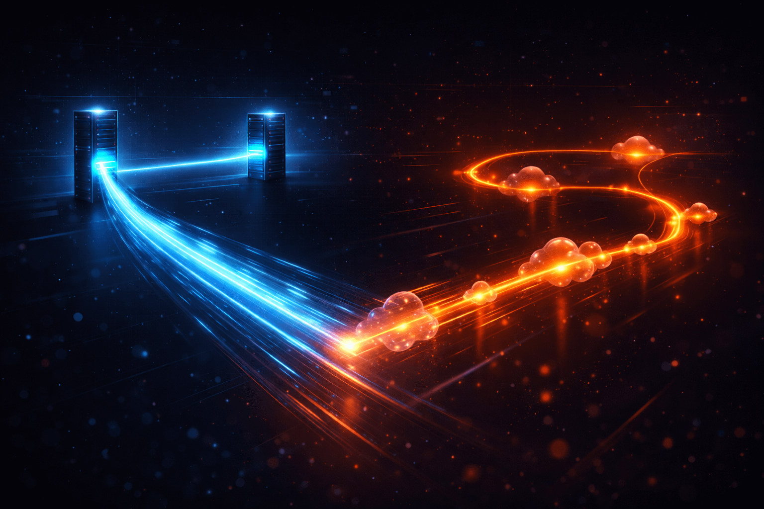 Servers connected by vibrant data streams